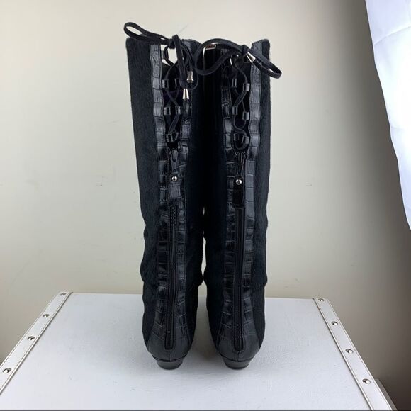 Migliorini Black Calf-Hair Tall Wedge Boots Back-Lace Detail‎ - Picture 8 of 16